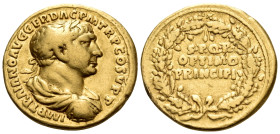 Trajan, 98-117. Aureus (Gold, 19 mm, 7.24 g, 6 h), Rome, 107. IMP TRAIANO AVG GER DAC P M TR P COS V P P laureate, draped and cuirassed bust of Trajan...