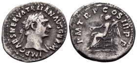 Trajan, 98-117. Quinarius (Silver, 15.5 mm, 1.45 g, 6 h), Rome, 100. IMP CAES NERVA TRAIAN AVG GERM Laureate bust of Trajan to right, with slight drap...