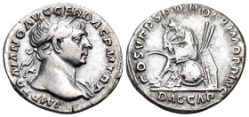 Trajan, 98-117. Denarius (Silver, 19 mm, 3.25 g, 6 h), Rome, 108-109. IMP TRAIANO AVG GER DAC P M TR P Laureate bust of Trajan to right, with slight d...