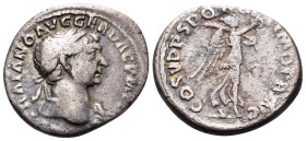 Trajan, 98-117. Quinarius (Silver, 14.5 mm, 1.48 g, 7 h), Rome, 107-111. IMP TRAIANO AVG GER DAC P M TR P Laureate bust of Trajan to right, with sligh...