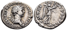 Trajan, 98-117. Quinarius (Silver, 15 mm, 1.91 g, 6 h), Rome, 114-116. IMP CAES NER TRAIANO OPTIMO AVG GER DAC Laureate and draped bust of Trajan to r...