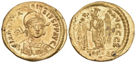 Anastasius I, 491-518. Solidus (Gold, 20 mm, 4.51 g, 6 h), Constantinople, 7th officina (Z), 491-498. D N ANASTA-SIVS P P AVG Helmeted and cuirassed b...