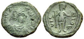 Justin I, 518-527. Pentanummium (Bronze, 14 mm, 1.65 g, 6 h), Cherson. Blundered legend, [D N IVSTINVS PP AVG] or similar Pearl-diademed, draped and c...