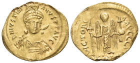 Justinian I, 527-565. Solidus (Gold, 21 mm, 3.23 g, 7 h), Constantinople, I = 10th officina, 527-537. DN IVSTINI-ANVS PP AVI Diademed, helmeted and cu...