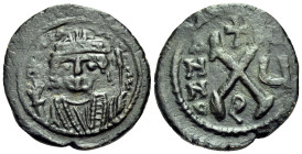 Maurice Tiberius, 582-602. Decanummium (Bronze, 19 mm, 2.88 g, 1 h), Theoupolis (Antioch), Dated regnal year Ч (5) = 586-587. Blundered legend, [dm TI...