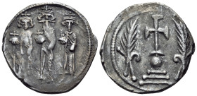 Heraclius, with Heraclius Constantine and Heraclonas, 610-641. Miliaresion (Silver, 20 mm, 4.10 g, 6 h), Ceremonial Issue, Constantinople, 638-641. Cr...