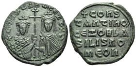 Constantine VII Porphyrogenitus, with Zoe, 913-959. Follis (Bronze, 27 mm, 7.32 g, 6 h), Constantinople, 914-919. +COҺSTAҺT' CЄ ZOH b' Crowned half-le...