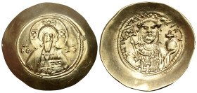 Michael VII Ducas, 1071-1078. Histamenon (Electrum, 28.5 mm, 4.31 g, 6 h), Constantinople. IC-XC Bust of Christ Pantocrator facing, with cross nimbus,...