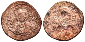 Alexius I Comnenus, 1081-1118. Tetarteron (Bronze, 20 mm, 3.46 g, 12 h), Thessalonica. IC - XC Nimbate bust of Christ facing, raising right hand in be...