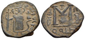 ARAB-BYZANTINE, Time of the Rashidun. Circa AH 37-55 / AD 658-675. Fals (Bronze, 21.5 mm, 4.46 g, 2 h), Dimashq. ΔANΔCKOC Crowned imperial figure stan...
