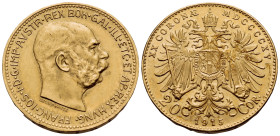 AUSTRIA. Franz Joseph I, 1848-1915. (Gold, 21 mm, 6.78 g, 12 h), 20 Coronas, MDCCCCXV = 1915 ( restrike ). FRANC·IOS·I·D·G·IMP·AVSTR·REX BOH·GAL·ILL·E...