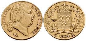 FRANCE, Royal (Restored). Louis XVIII, 1815-1824. (Gold, 21 mm, 6.39 g, 6 h), 20 Francs, A = Paris, 1824. LOUIS XVIII ROI DE FRANCE Head of Louis XVII...