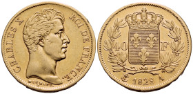 FRANCE, Royal (Restored). Charles X, 1824-1830. (Gold, 26 mm, 12.88 g, 6 h), 40 Francs, A = Paris, 1828. CHARLES X ROI DE FRANCE Head of Charles X to ...