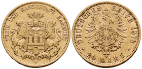 GERMANY. Hamburg. (Gold, 22.5 mm, 7.93 g, 12 h), 20 Marks, J = Hamburg, 1878. FREIE UND HANSESTADT HAMBURG / J Crowned coats of arms supported by two ...
