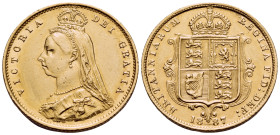 UNITED KINGDOM. Victoria, 1837-1901. (Gold, 19.5 mm, 3.99 g, 6 h), Half Sovereign, London, 1887. VICTORIA DEI GRATIA Crowned and veiled Jubilee bust o...
