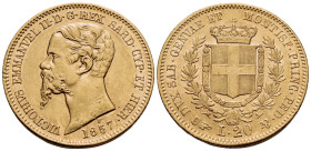 ITALY, Sardinia-Piedmont. Victor Emmanuel II, 1849-1861. (Gold, 21 mm, 6.44 g, 6 h), 20 Lires, 1857. VICTORIVS EMMANVEL II·D·G·REX SARD·CYP· ET HIER· ...