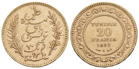 TUNISIA, Husaynid Beys. 'Ali III, AH 1299-1320 / AD 1882-1902. 20 Francs (Gold, 21 mm, 6.46 g, 6 h), French protectorate of Tunisia, A = Paris, dies e...