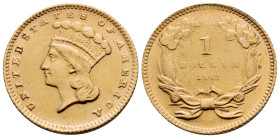 UNITED STATES. (Gold, 15 mm, 1.51 g, 6 h), 1 Dollar, Philadelphia, 1862. UNIED STATES OF AMERICA Liberty wearing Indian headdress to left. Rev. 1 / DO...