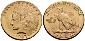 UNITED STATES. (Gold, 27 mm, 16.72 g, 6 h), Eagle, D = Denver. 1910 Head of Liberty to right, wearing Indian headdress inscribed with LIBERTY; 13 star...