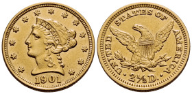 UNITED STATES. (Gold, 18 mm, 4.16 g, 6 h), Quarter Eagle, Philadelphia. 1901 Head of Liberty to left, wearing diadem inscribed with LIBERTY; around, t...