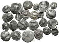 GREEK. 5th century BC. (Silver, 12.68 g). Large lot of twenty-four (24) silver fractions, including some interesting pieces; varied surfaces and tonin...