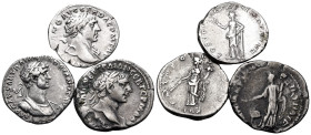 ROMAN IMPERIAL. Trajan and Hadrian, 98-138. (Silver, 10.35 g). Lot of three (3) silver coins, including two denarii and one drachm of Trajan and Hadri...