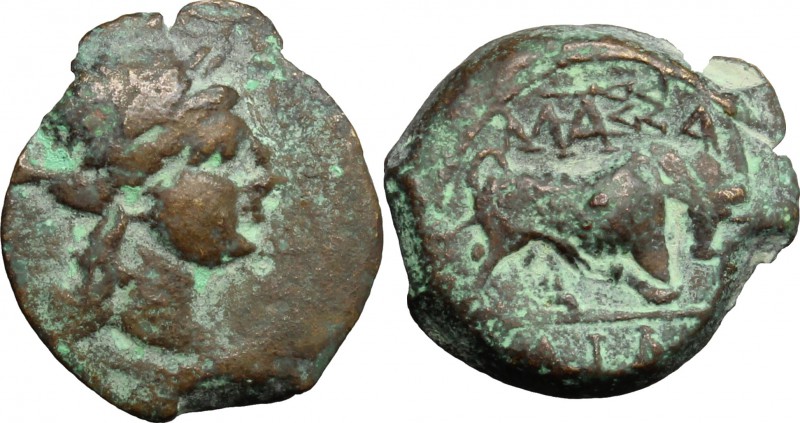 Celtic World. Gaul, Massalia. AE 14 mm. c. 121-49 BC. D/ Laureate head of Apollo...
