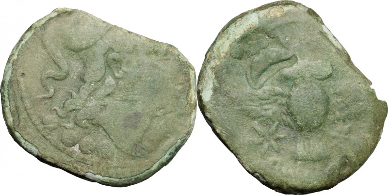 Greek Italy. Etruria, Populonia. AE Triens, 3rd century BC. D/ Head of Menvra ri...