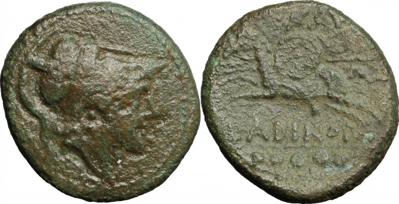 Greek Italy. Eastern Italy, Larinum. AE Quincunx, c. 210-175 BC. D/ Head of Mars...