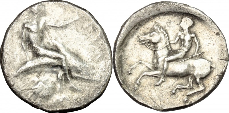 Greek Italy. Southern Apulia, Tarentum. AR Nomos, c. 425-380 BC. D/ Phalanthos a...