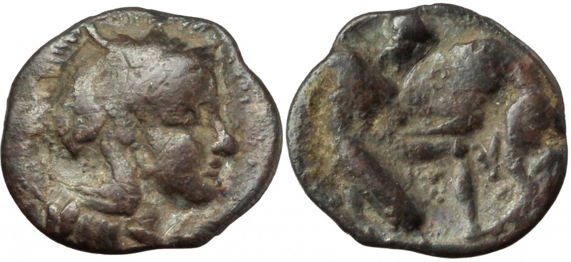 Greek Italy. Southern Apulia, Tarentum. AR Diobol, 302-228 BC. D/ Helmeted head ...