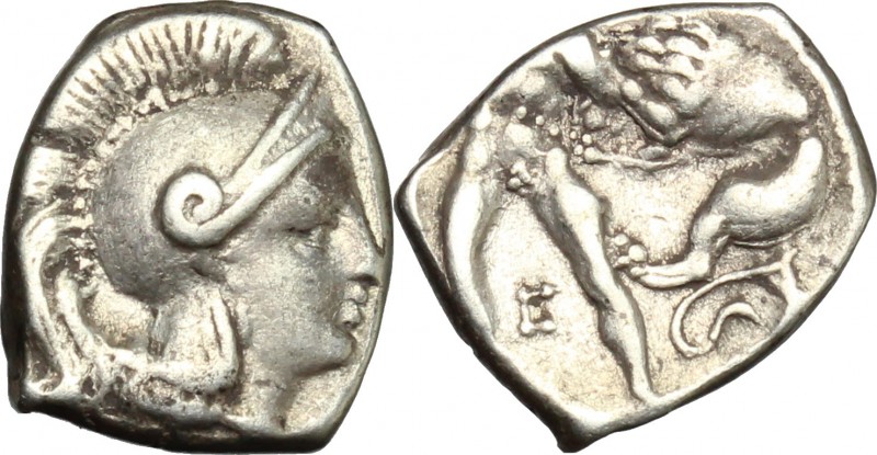 Greek Italy. Southern Apulia, Tarentum. AR Diobol, c. 302-228 BC. D/ Head of Ath...