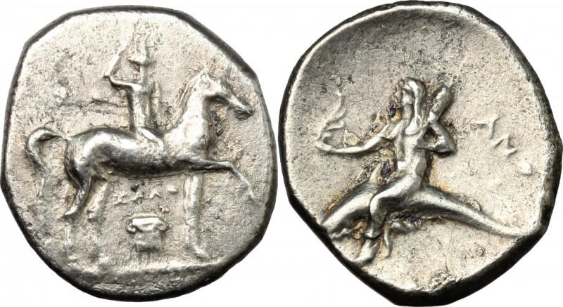 Greek Italy. Southern Apulia, Tarentum. AR Nomos, c. 280-272 BC. D/ Youth on hor...