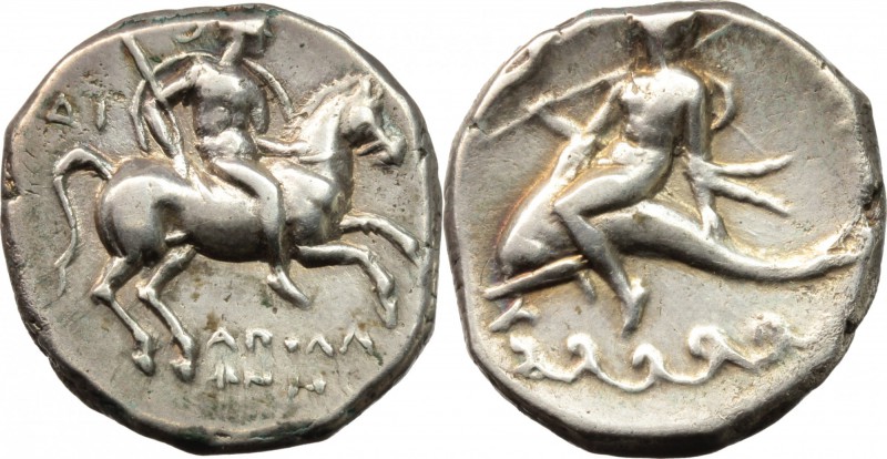 Greek Italy. Southern Apulia, Tarentum. AR Nomos, circa 272-240 BC. D/ Warrior o...