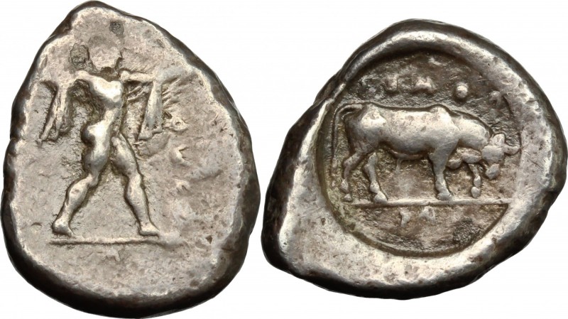 Greek Italy. Northern Lucania, Posidonia. AR Stater, c. 470-445 BC. D/ Poseidon ...