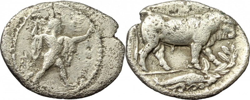 Greek Italy. Northern Lucania, Posidonia. AR Diobol, c. 445-420 BC. D/ Poseidon ...