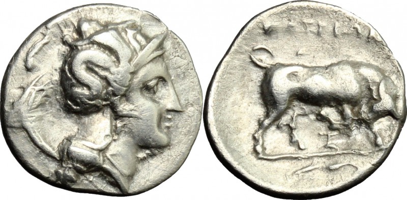 Greek Italy. Southern Lucania, Thurium. AR Diobol, c. 4th century BC. D/ Head of...