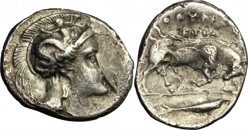 Greek Italy. Southern Lucania, Thurium. AR Triobol, c. 350-300 BC. D/ Head of At...