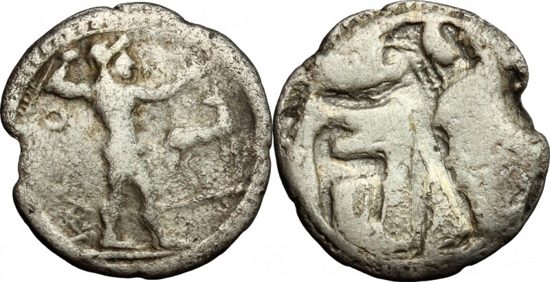 Greek Italy. Bruttium, Kaulonia. AR Third Nomos-Drachm, c. 500-480 BC. D/ Apollo...