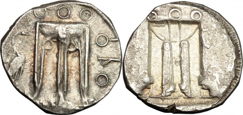 Greek Italy. Bruttium, Kroton. AR Stater, c. 480-430 BC. D/ QPO.Tripod with legs...