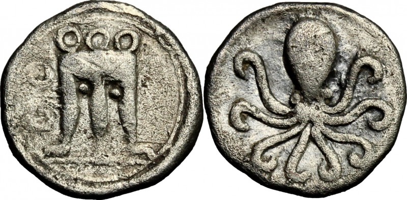 Greek Italy. Bruttium, Kroton. AR Triobol, c. 525-425 BC. D/ Tripod. R/ Octopus....