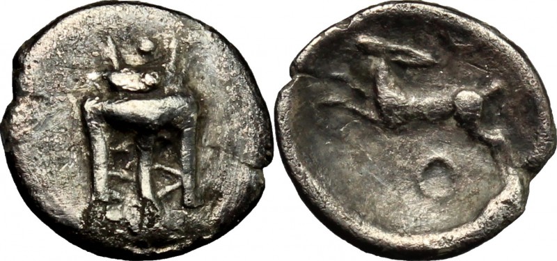 Greek Italy. Bruttium, Kroton. AR Diobol, c. 525-425 BC. D/ Tripod. R/ Hare runn...