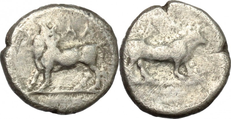 Greek Italy. Bruttium, Laus. AR Triobol, c. 480-460 BC. D/ Man-headed bull stand...