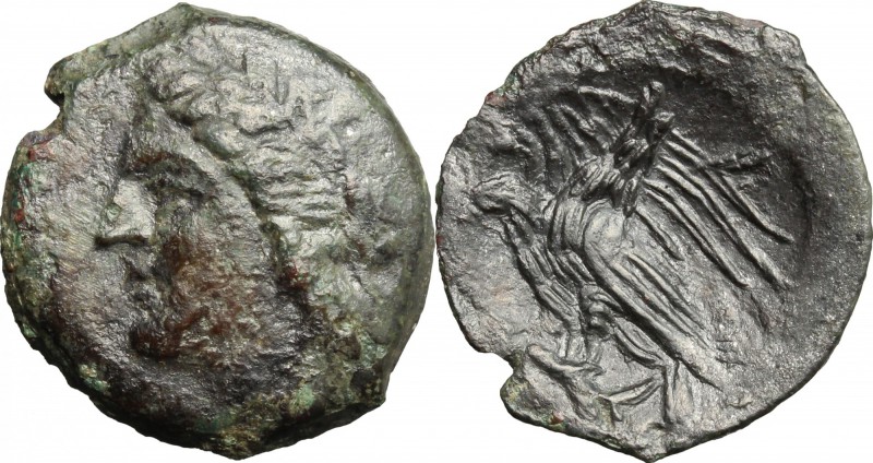 Sicily. Akragas. AE 22 mm. 287-279 BC. D/ Laureate head of Apollo left. R/ Two e...