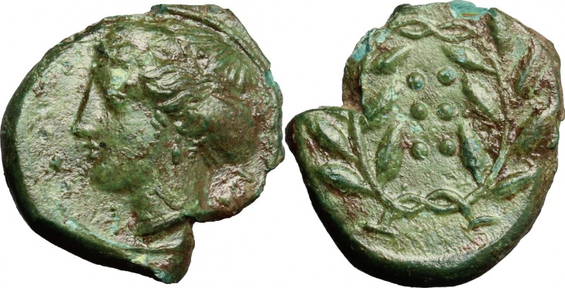 Sicily. Himera. AE Hemilitron, c. 425-409 BC. D/ IM-E. Head of nymph left, six p...