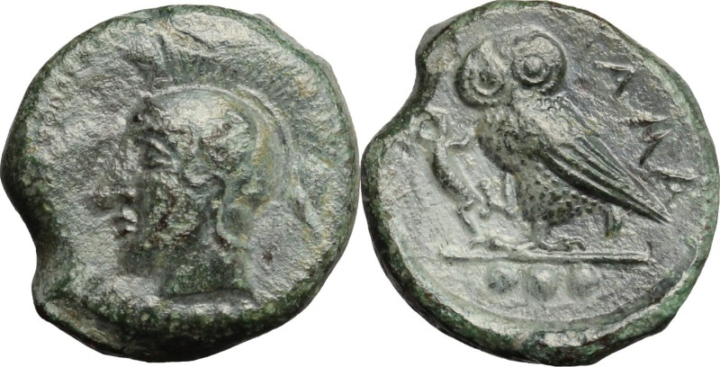 Sicily. Kamarina. AE Tetras, c. 420-410 BC. D/ Head of Athena left, wearing cres...