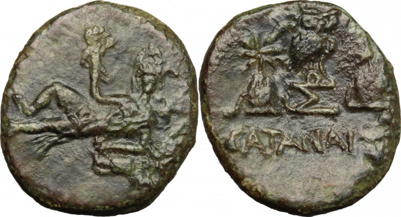 Sicily. Katane. AE 21 mm. c. 263-200 BC. D/ River-god reclining left on amphora,...