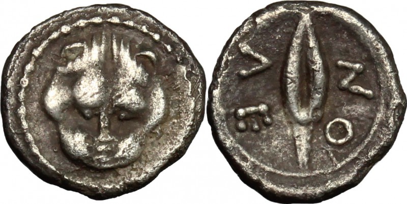 Sicily. Leontini. AR Litra, c. 476-466 BC. D/ Facing lion's scalp. R/ ΛE-ON. Bar...