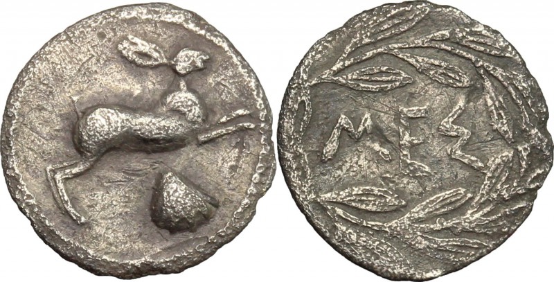 Sicily. Messana. AR Litra, c. 420-413 BC. D/ Hare springing right; scallop shell...