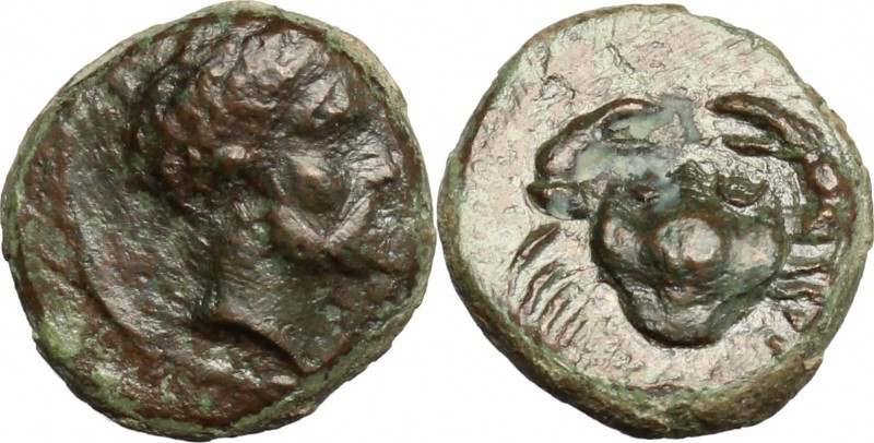 Sicily. Motya. AE 12 mm., c. 400-397 BC. D/ Male head right. R/ Crab. CNS 10; HG...